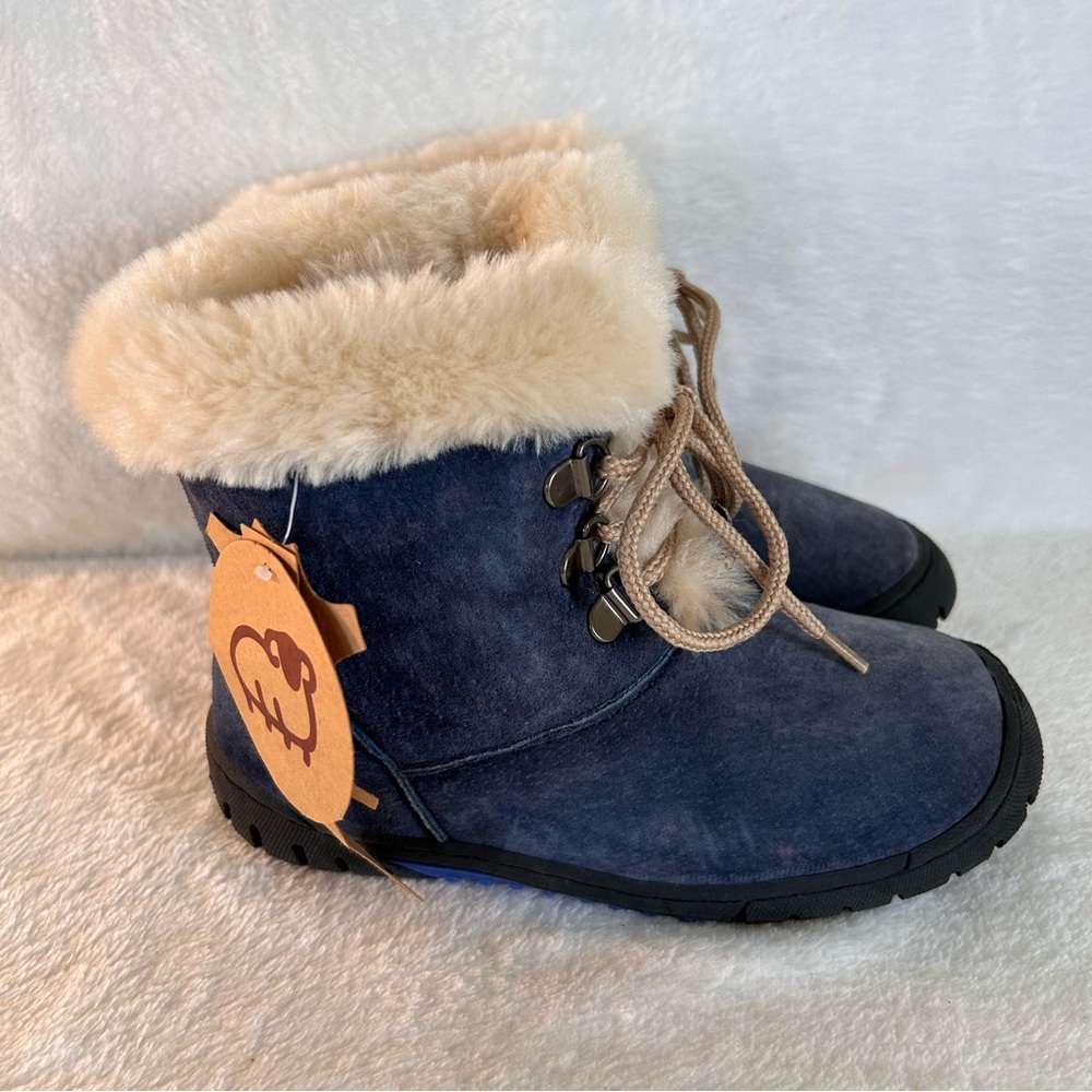 Lamo Kids Girls Ankle Boots Size 1 Blue Leather Faux Fur Lace Up